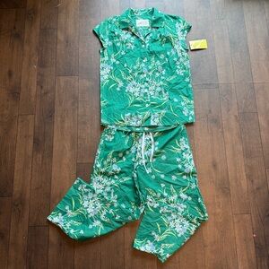 The Cats Pajamas Womens Extra Small Set Green Floral Cotton Top Bottom Lounge PJ
